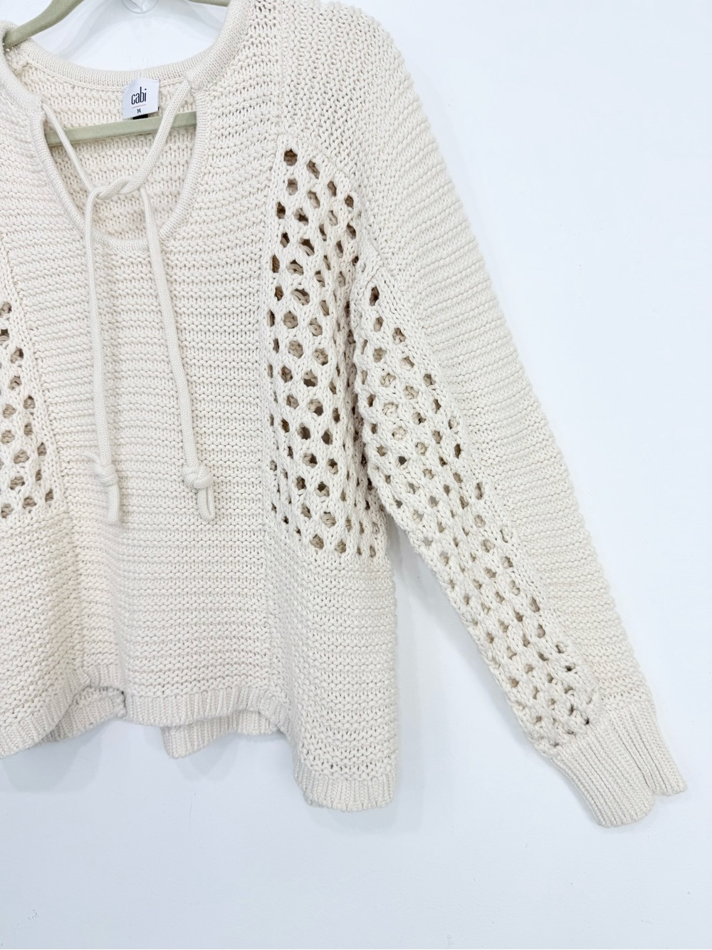 Cabi 6596 SANDBAR Pullover Cream Open Knit Slouchy Tie Front Sweater - Picture 7 of 15